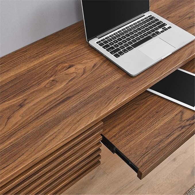 Pemberly Row Wall Mount Office Desk, 60 in Wide Particleboard and Wood, Walnut Finish, Pull-Out Keyboard Tray, Cable Management, Full-Extension Glide Drawers, Mid-Century Style for Home Office or