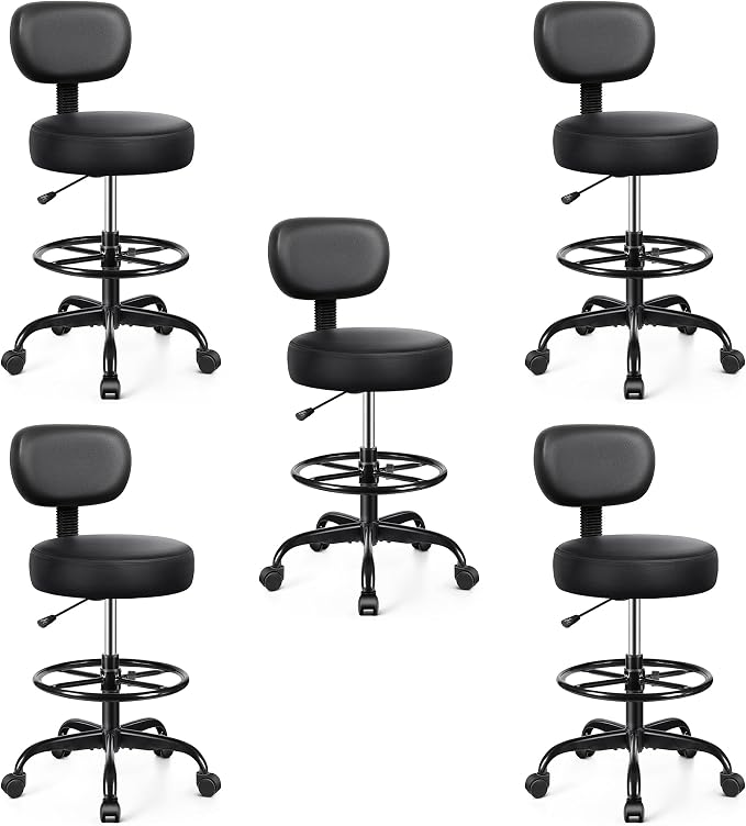Brick Attic Drafting Chair with Backrest – Adjustable Foot Rest Rolling Stool with Wheels, PU Leather Swivel Stool for Office Spa Studio Lab Counter Salon Home Work Bar Kitchen Shop(Black), Pack of 5