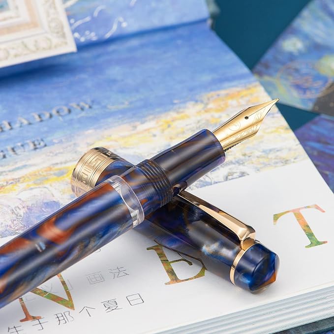 Asvine P20 Purple Resin Fountain Pen Piston Filling, Gold Plated Fine Point Smooth Writer with Pen Gift Case