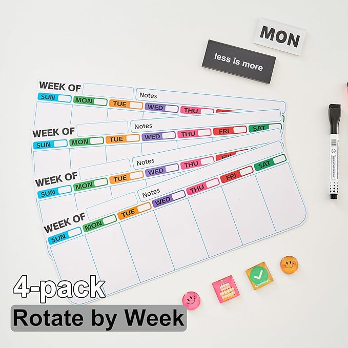 4 pack weekly fridge calendar Magnet rotate by week,reusable rotating Dry Erase calendar Planner magnetic to keep track of work and school schedules,13.9 x 4.9 inch