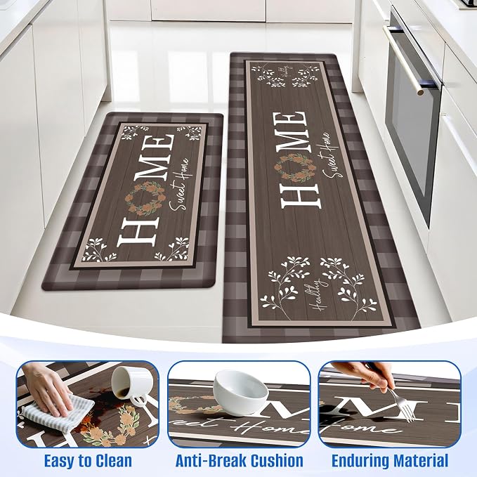 Kitchen Rugs, 2 PCS Kitchen Mats for Floor, Cushioned Non-Slip Anti Fatigue Mats for Kitchen Floor, Kitchen Runner Rugs for Standing Desk, Office, Laundry(17.3’’x 30’’+ 17.3’’x 59’’, Brown