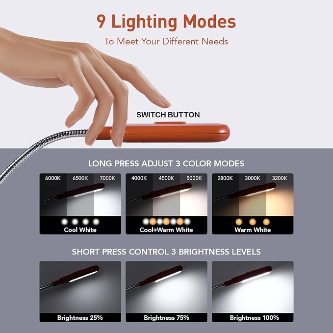 VAVOFO Rechargeable Book Light for Reading in Bed Kids, 7 LED Reading Light with 9-Level Warm Cool White Daylight, Eye Care Lamp with Power Indicator for Bookworms (Mocha Brown)