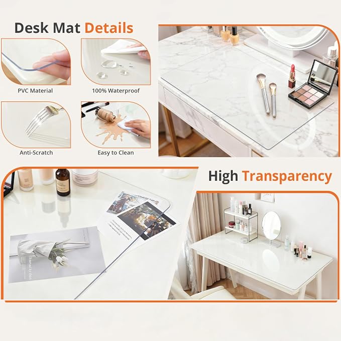 Makeup Mat, Dual-Sided Waterproof Vanity Protector Mat, PVC Laptop Pad, Large Mouse Mat, Dresser Cover Accessories, Writing Desk Pad for Office and Home Decor,12in x 50in Transparent 2mm