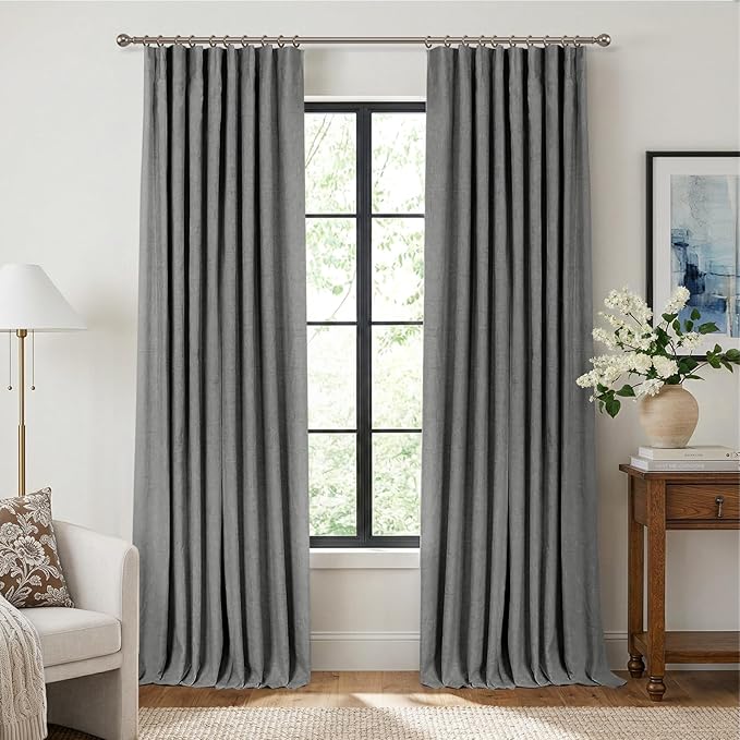 INOVADAY 100% Blackout Curtains for Bedroom, Stoic Gray Black Out Curtains 108 Inch Long, Clip Rings Linen Blackout Drapes, Thermal Insulated Room Darkening for Living Room, 2 Panels - W50xL108