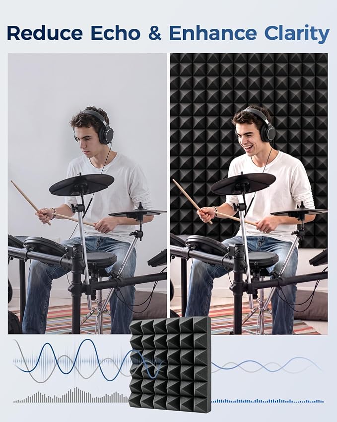 GUERRI 12 Pack Acoustic Foam Panels 12" x 12" x 3.2" Pyramid Design Sound Proof Foam Panels High Density Sound Absorbing Foam Echo Reduction for Wall, Home Studio, Recording & Gaming