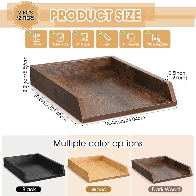 DoubleFill 2 Pcs Wooden Letter Trays 2 Tier Desktop Paper Organizer Wood Letter-Size Desk Document Tray Heavy Duty Stackable Paper Drawer Holder File Folder Back to School Office Home (Dark Wood)