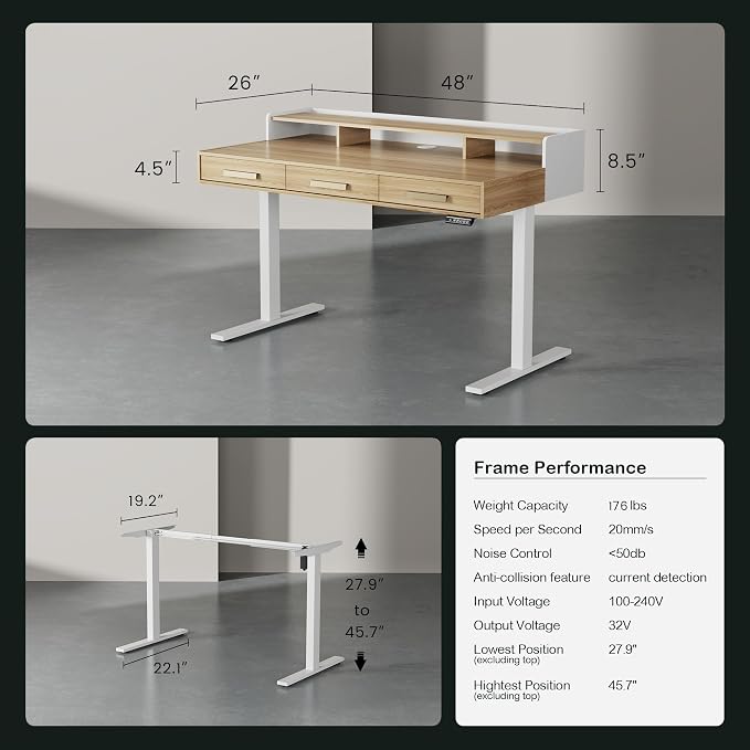 ModernMate 48" Electric Standing Desk with 3 Drawers & Monitor Shelf | Height Adjustable Sit Stand Desk, Home Office Computer Workstation with Storage for Small Space, Light Walnut