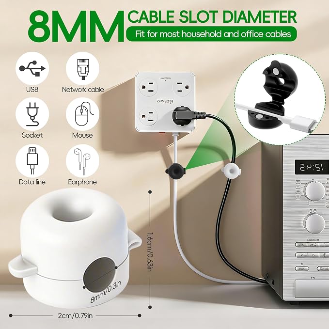 8-Pack Magnetic Cable Management Clips for Home Office Desk, Cord organizer | reusable, strong adhesive, silicone wire staples keeper, stick-on wire holder clamps, work on wall, nightstand, car dashboard