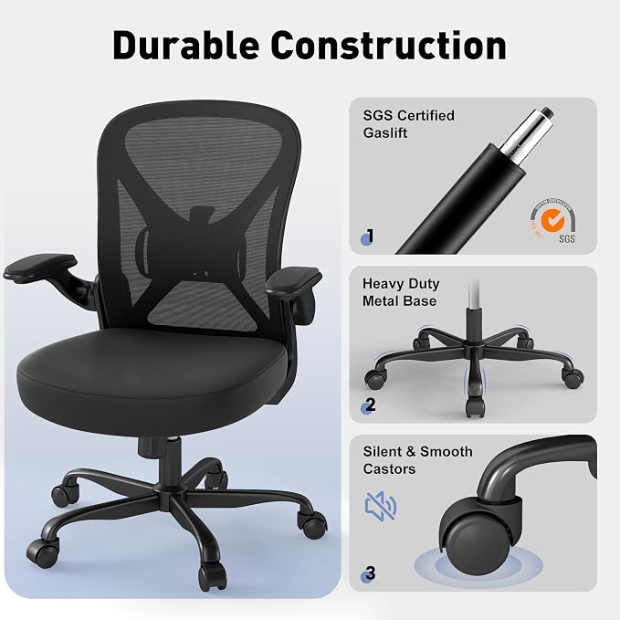 Ergonomic Office Chair with Adjustable Lumbar Support, 300 lbs Swivel Desk Chair with Flip-Up Arms, Mesh Comfy Padded Seat for Computer and Home, Black