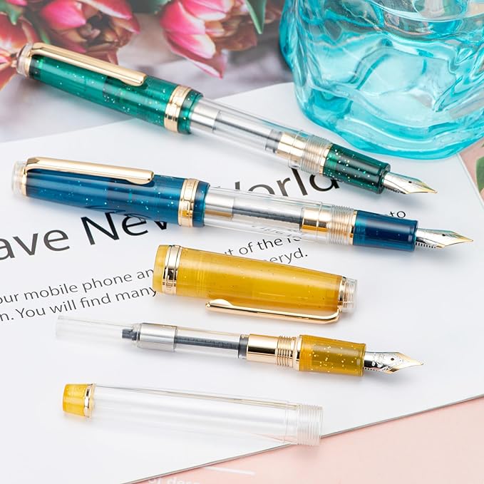 Set of 3 Jinhao 82 Fountain Pens Transparent Starry Sky Color Acrylic Extra Fine Point Gold Trim with Converter