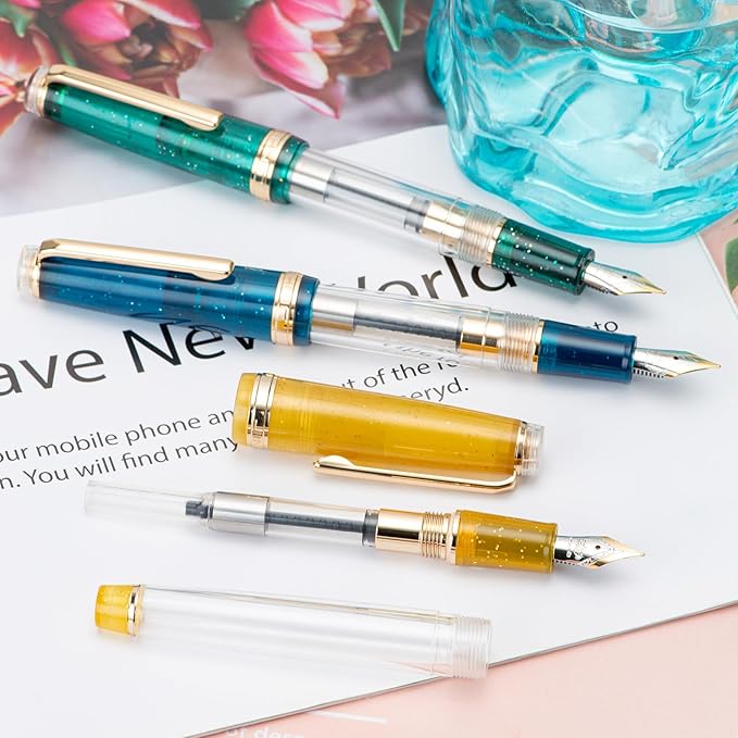 Set of 3 Jinhao 82 Fountain Pens Transparent Starry Sky Color Fine Nib Gold Trim with Converter Elegant Pen