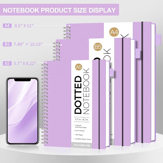 AHGXG Dotted Journal - Dot Grid Spiral Notebook 8.5" x 11", A4 Large Dotted Notebook, 100 GSM Thick Paper, Waterproof Plastic Cover Journals for Journaling, Sketching, Purple