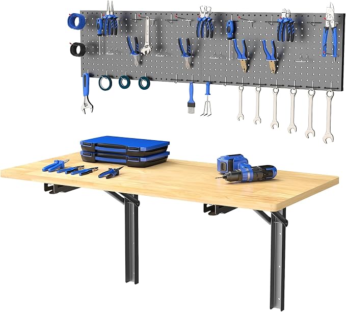 WALMANN Space Saving Wall Mounted Folding Workbench with Pegboard Kit, Heavy Duty Folding Wall Table/Desk for Garage, Workshop, Holds Up to 550 lbs(Tabletop Size: 47.25 x 22.75 in)
