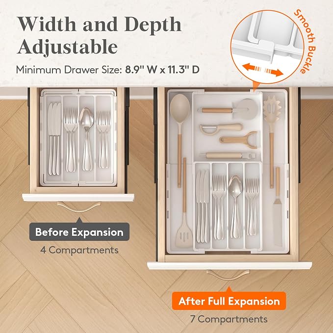 Lifewit Silverware Drawer Organizer, Expandable Utensil Tray for Kitchen, BPA Free Flatware and Cutlery Holder, Adjustable Plastic Storage for Spoons Forks Knives, 4-7 Slots, White