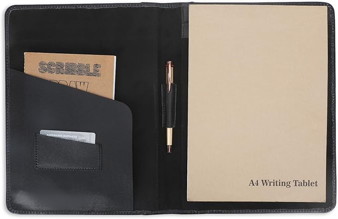 Heavy Duty Buffalo Leather Legal Pad Portfolio Handmade Executive Notebook Binder, Professional Padfolio Organizer Gift for Men and Women Genuine Leather Resume Document Holder (Black)