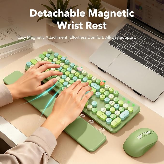 Wireless Keyboard and Mouse Combo, Cute Retro Typewriter Keyboard with Round Keycaps, Full-Size Aesthetic Keyboard with Magnetic Wrist Rest, 2.4G USB for Windows/Mac Desktop Laptop (Green Multi-Color)