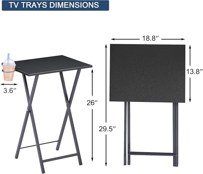 VECELO Folding TV Tray for Eating Set of 2, Portable Dinner/Snack Table with Cup Holder for Couch, Living Room and Small Space, Matte & Black