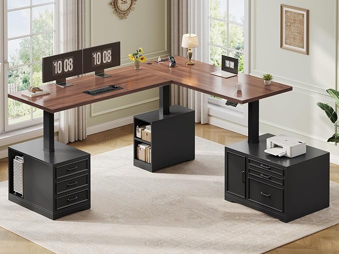 SEDETA Farmhouse L Shaped Electric Standing Desk with File Cabinet, 77 x 55'' Height Adjustable Home Office Computer Desk with 6 Drawers, Power Outlet, Sit Stand Desk, Black