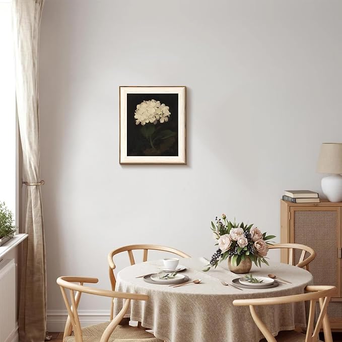 Framed Flower Wall Art, Vintage White Hydrangea Still Life Floral Art Prints, Moody Vintage Canvas Oil Painting, Antique Botanical Floral Wall Decor Pictures for Bedroom, Kitchen, Shelf, Bathroom Wall Decor - 10x12Inch