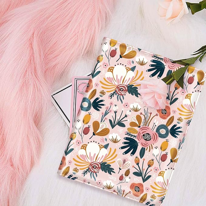 Portfolio Case for Women, Cute Floral Padfolio Cover for Girls, Conference/Resume/Legal Document Organizer with Letter/A4 Size Clipboard Hardboard, Business Card Holders, Pink Flower