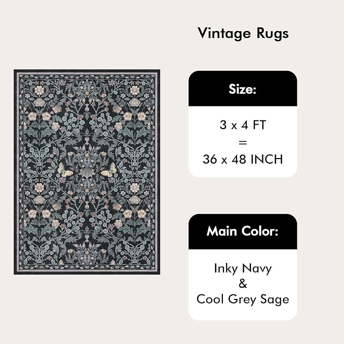 Puino Washable Entryway 3x4 Rug: Small Rugs for Indoor Entrance Vintage Floral Non Slip Backing Door Mat Low Pile Stain Resistant Carpet for Bedroom Kitchen Bathroom Bedside Dark Botanical