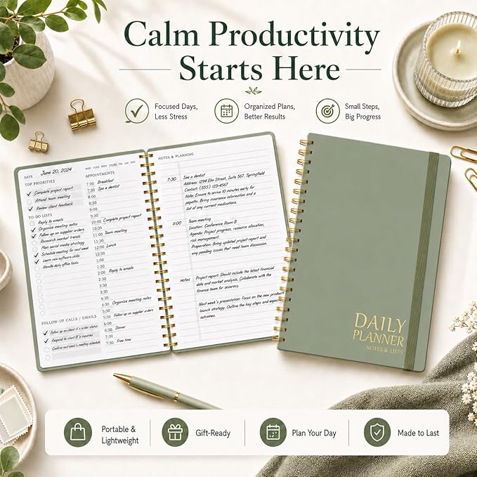 Daily Planner Undated - Simplified To Do List Notebook with Hourly Schedules, Spiral Appointment Organizer, 5.5" x 8.5", Easily Manage Your Tasks and Productivity - Green