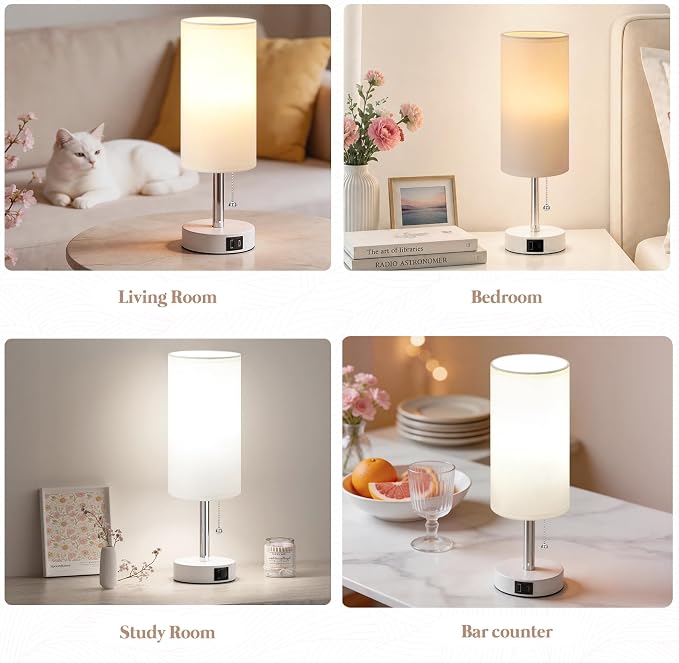 Dicoool Small Bedside Table lamp for Bedroom - 3 Color Modes, Desk Lamp with USB-C and USB-A Charging Ports, Pull Chain, Nightstand Light for Office, Kids Room, Dorm Lamp