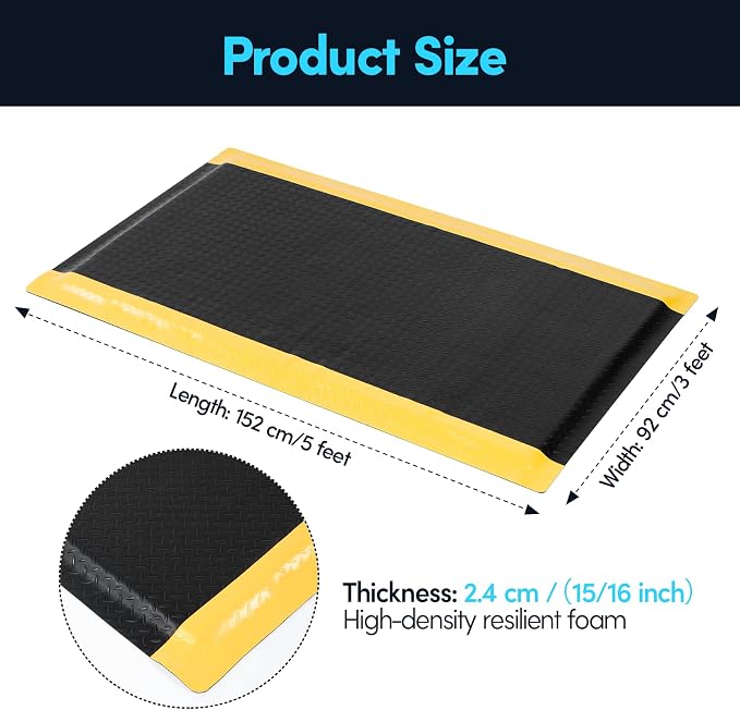3 x 5 FT Anti Fatigue Mats Industrial 15/16 Inch Thick Soft Sponge Ergonomic Mat Durable Heavy Duty Diamond Plate Work Mat for Standing Non Slip Industrial Grade Floor Mat for Leg & Back Pain | Durable Soft Sponge Ergonomic Mat Heavy Work Mat for Stand...