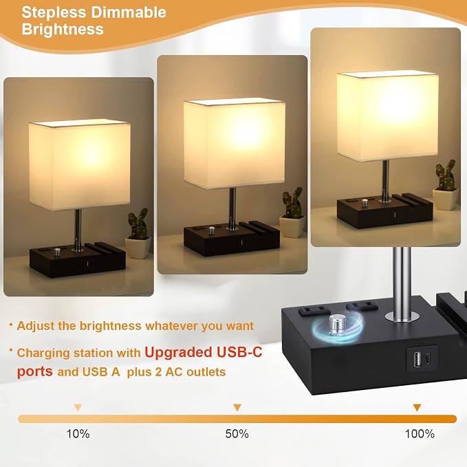 Kakanuo Table Lamp for Bedroom with Dual USB Ports, White Fully Dimmable Bedside Lamp with Phone Stands and 2 Charging Outlets, Desk Lamp for Nightstand and Living Room, LED Bulb Included