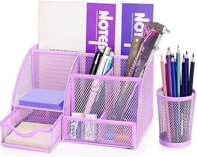 Flexzion Desk Caddy Organizer Set (Purple) - Metal Mesh Desktop Caddy with Drawers, 6 Compartments, and Pencil Holder for Women & Men - Desktop Organizer and Storage for Work or Office Supplies | Compact Desktop Caddy with Separate Pen Holder; 8.7 X 5....