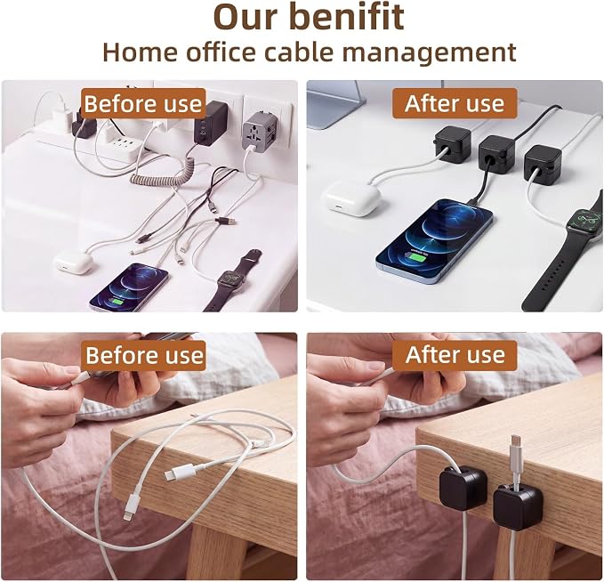 6 Pack Magnetic Cable Clips, Under Desk Cable Management for Office | Adhesive Cord Holder for Phone Wall Desktop, Home Nightstand Desk Accessories (Black)