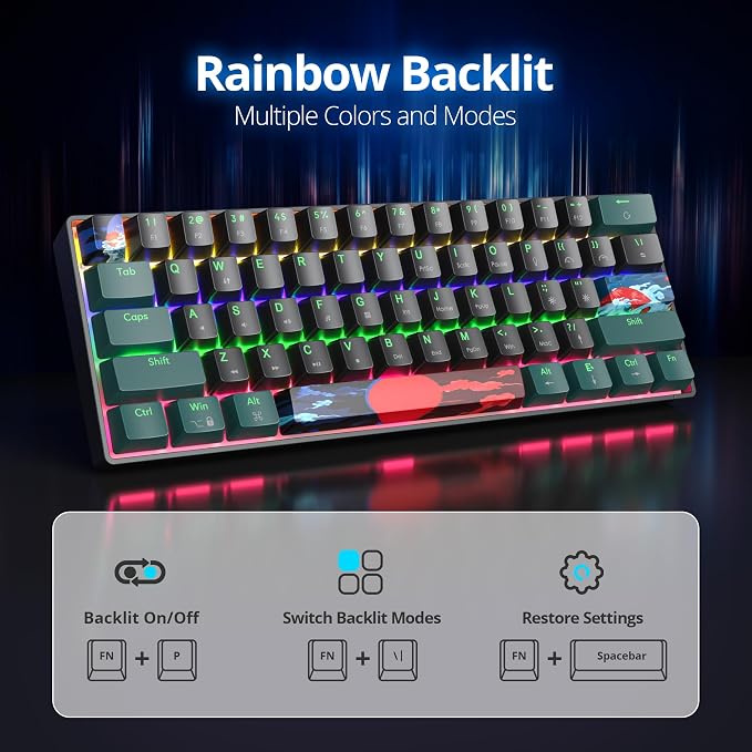 60 Percent Gaming Keyboard 61 Keys Mechanical Keyboard Rainbow Backlit Ultra Compact Wird Keyboard with Red Switches for Win Ps4/5 Xbox(61 Green)