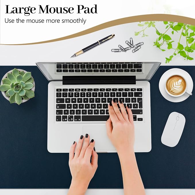 Dark Blue Leather Desk Pad Large Mouse Pad, 31.5"x15.7" | Waterproof Desk Mat for Keyboard and Mouse, Non-Slip Computer Desk Protector, Smooth Mouse Control for Home Office