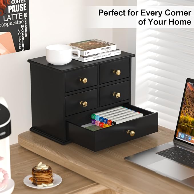 Oak Desk Organizer with Drawers, Durable Wooden Desktop Storage Box | 5 Drawer Tabletop Organizer with Metal Handles & Non-Slip Pads for Office, Bedroom, Bathroom, Vanity & Makeup Storage, Black