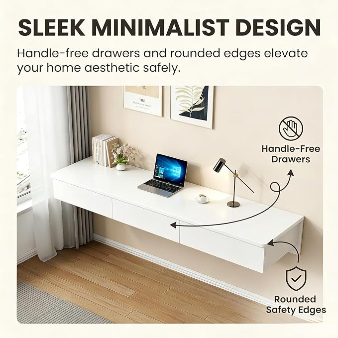 Floating Desk with Drawers, Wood Wall Mounted Desk, Floating Makeup Vanity, Space Saving, Sturdy and Stable, Floating Table for Living Room, Bedroom, Home, Office, Grey