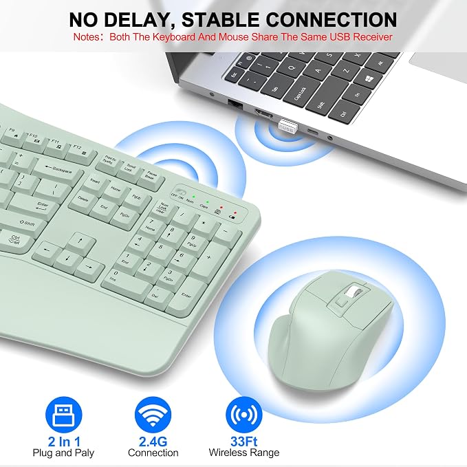 Wireless Keyboard and Mouse Combo, 2.4G Full Size Wave Keys Ergonomic Keyboard with Wrist Rest and 3-Level DPI Adjustable Wireless Ergonomic Mouse for Windows, Mac OS Desktop/Laptop/PC(Avocado Green)