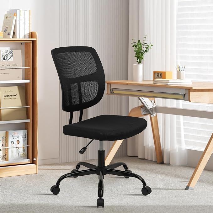 CLATINA Armless Home Office Chair, Small Ergonomic Mesh Back Desk Chairs with Lumbar Support and Wheels, Adjustable Height 360° Swivel Rolling Computer Chair for Conference Waiting, Black, 4Pack
