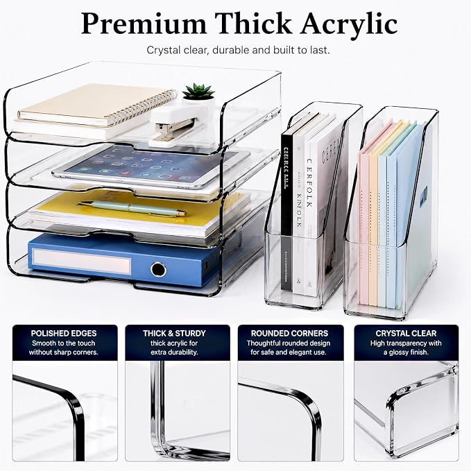 DCA 4 Tier Clear Desk Organizer, Letter Tray with 2 Magazine Holders | Stackable Desktop File Storage | Documents, Books & Supplies | Office & Home | Large Capacity