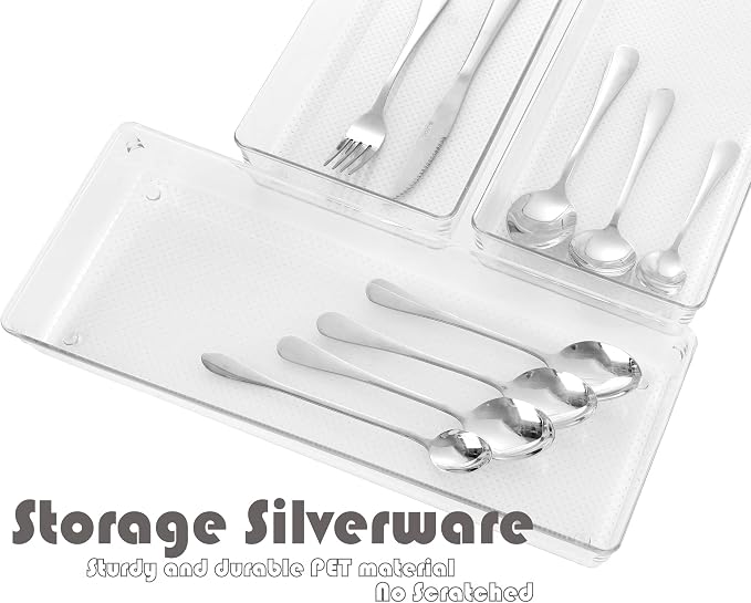 3 Pack Large Clear Plastic Drawer Organizer Tray Cutlery Utensil Makeups Drawer Organizers 15" X 6"