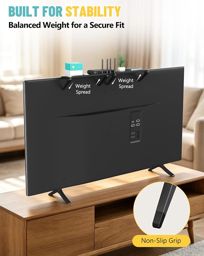 TV Top Shelf, 2 Pack Monitor Top Shelf No Drilling TV Shelf for Cable Box, Router, Streaming Device, Game Console, Remote, TV Accessories for Apple tv Mount,Keep Organized and Secure