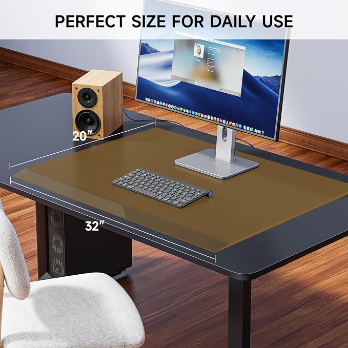 VASUHOME 32" x 20" Brown Tempered Glass Desk Mat with Beveled Edge - Ergonomic Desk Protector, Dry Erase Surface, Ideal Table Top Protector for Home & Office