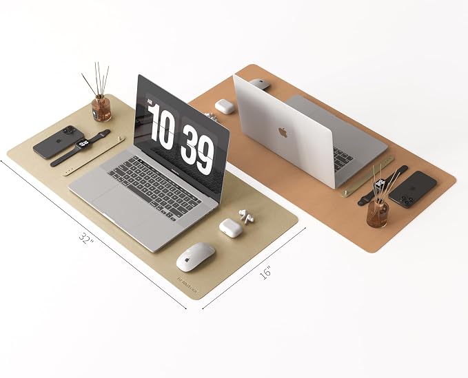 RENMTURE Desk Pad, Cork & PU Leather Desk Mat, Large Mouse pad, Non-Slip Desk Protector and Blotter, Waterproof Writing Pad, Desk Accessories and Organizers for Home Office (Golden,32"x16")