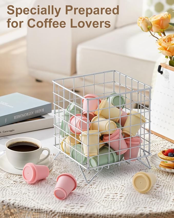 K Cup Holders for Counter, Coffee Pod Holder, Silver, 5.3x5.3x6.3 Inch | Coffee Bar Organizer, K Cup Holders for Counter, Large Capacity Coffee Pods Organizer, for Kitchen Counter & Office Desktop