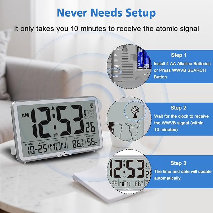 WallarGe Atomic Wall Clock with Backlight, Battery Operated | Large Digital Display, Indoor Temperature, Humidity, Date, AUTO DST, 6 Time Zones