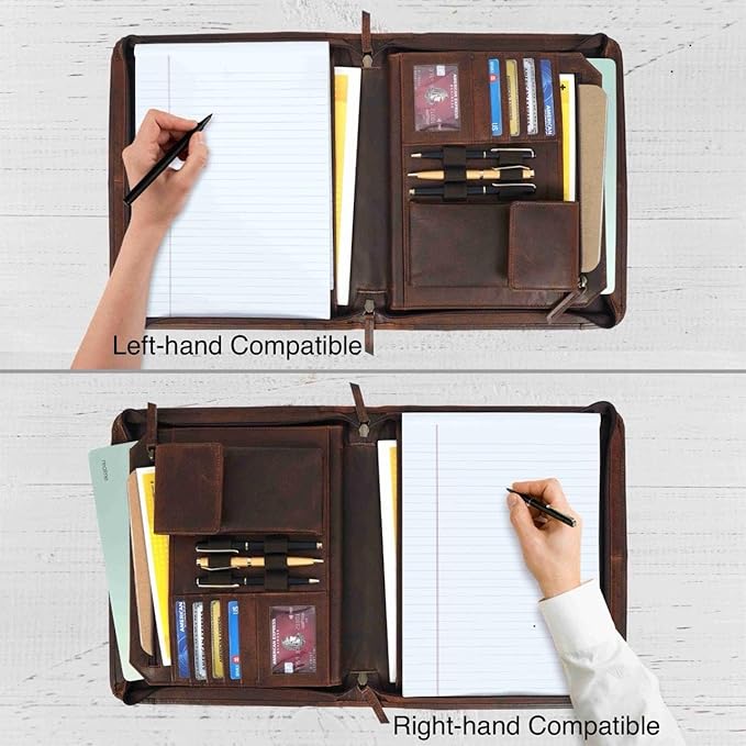 Leather Portfolio for Men, Portfolio Organizer with Zipper for Men Women, Leather Padfolios Business Resume Legal Pad Notebook Binder for A4/Pad (Brown)