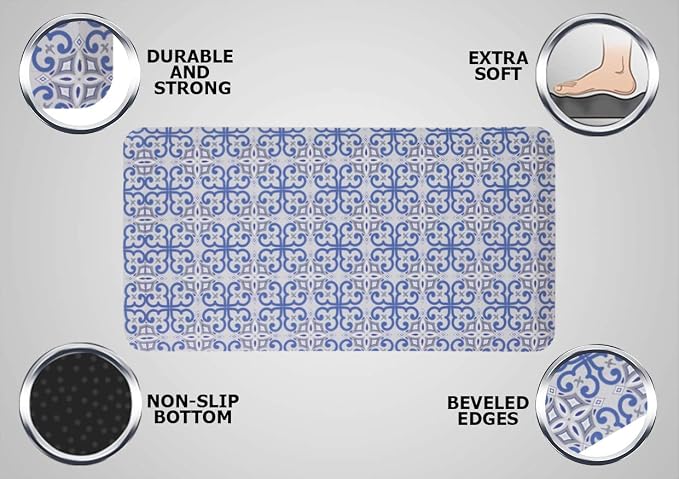 Mabel Home Anti Fatigue Floor Mat- 3 Size(20x32 & 20x39 & 24x70),16 Colors - Standing Desk Mat-Kitchen Floor Mat-Stain ResistantHome Non-Slip Bottom, Extra Soft (Blue&Pattern, 20" x 32")
