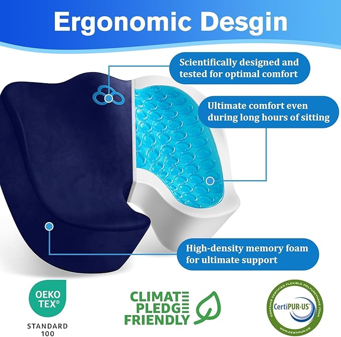 CushyOasis Seat Cushion, Gel Chair Cushions, Office Chair Cushions, Anti-Slip Bottom & Removable Cover Tailbone Pain Relief Cushion, Memory Foam Seat Cushion, 5.28 in Thick (Blue)