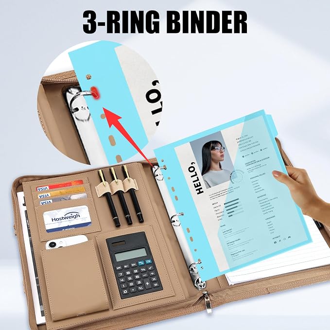 Portfolio Binder - 3 Ring Binder with Magnetic Handle, Vegan Leather Business Padfolio Folder with Notepad, Includes 5 Dividers with 10 Pockets for Documents Files