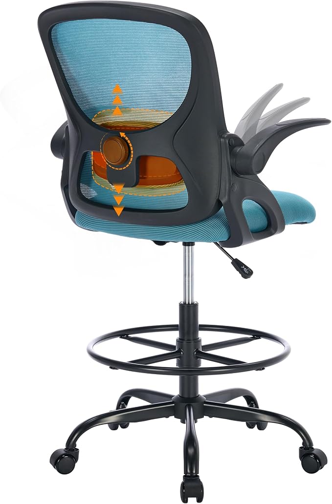 LukkDys Drafting Chair with Arms, Tall Office Chair for Standing Desks | Ergonomic lumbar pad, breathable mesh and foot ring support forward-leaning posture for sewing, crafts and daily studio work.