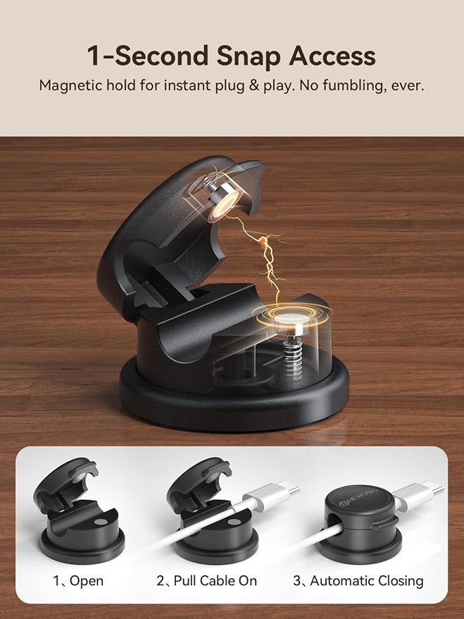 NEWDERY 10pcs Magnetic Cable Clips Cord Organizer Cord Holder Management | Desk Cable Management,360° Rotatable,3M Adhesive Wire Holder,for Home Office Desk Phone Charger Car Wall Nightstand,Black